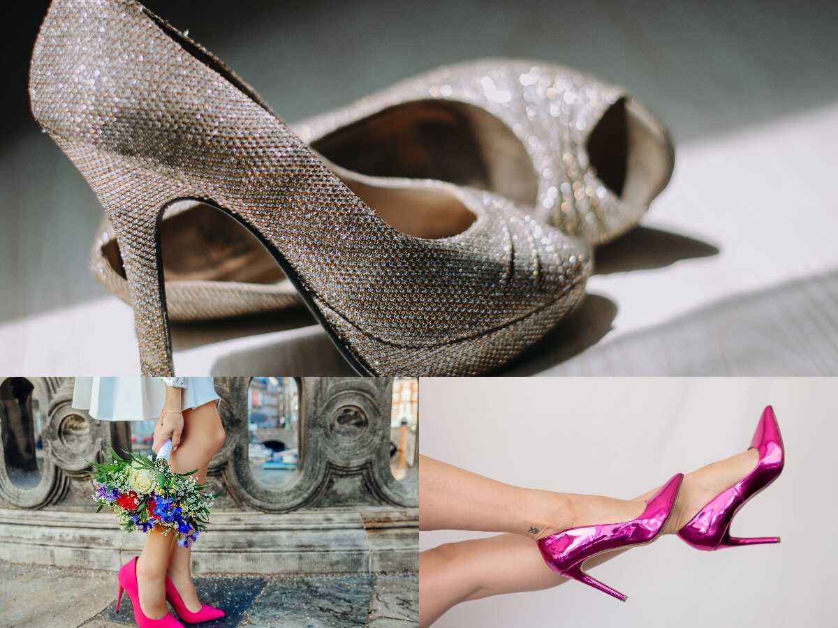 a three of heels, two are pink and a silver one